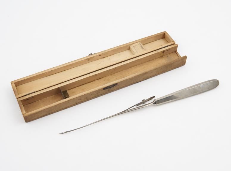 Reverdin suture needle, broken, plated steel, by Mariaud