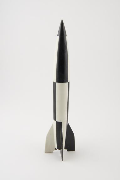 Model of spaceship, black and white checkerboard pattern