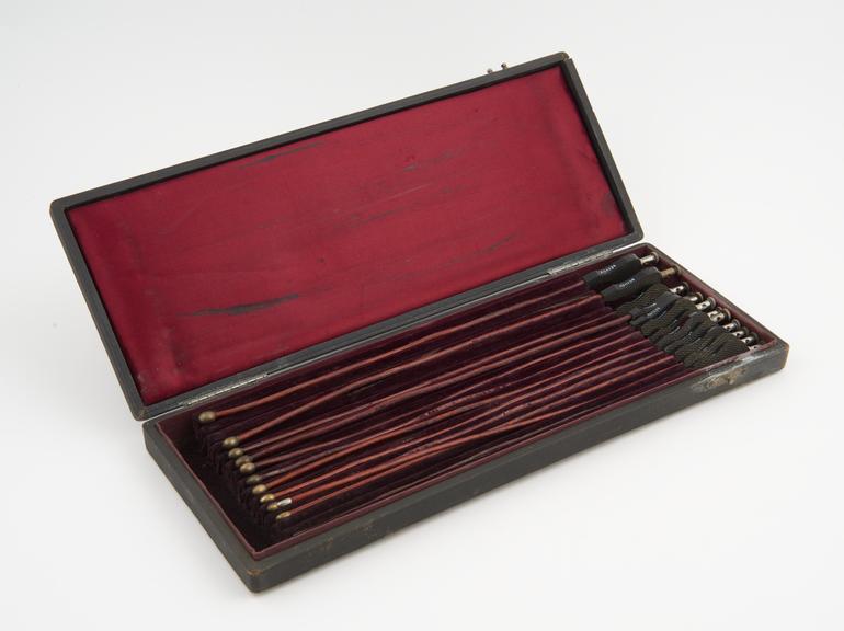 Twelve urethral electrodes in leather case, set incomplete