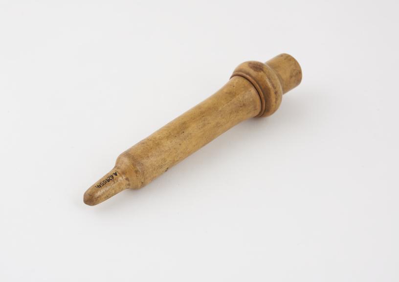 Glass ear syringe, in original wooden container, made by H