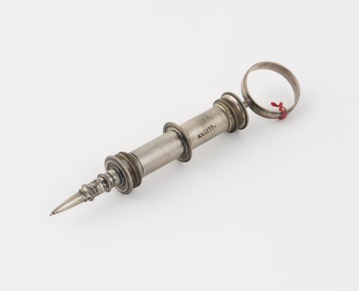 Aud lachrymal syringe, silver, probably English, 1860 to 1900