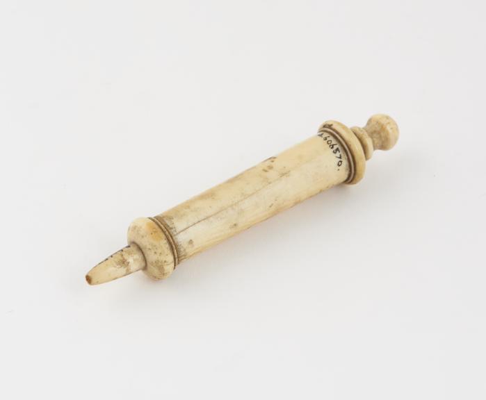 Small ivory syringe, piston-action, 17th-18th century