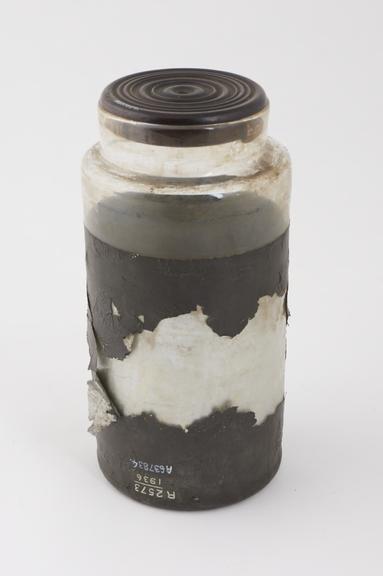 Leyden jar, sides covered in tin-foil, with lid, European