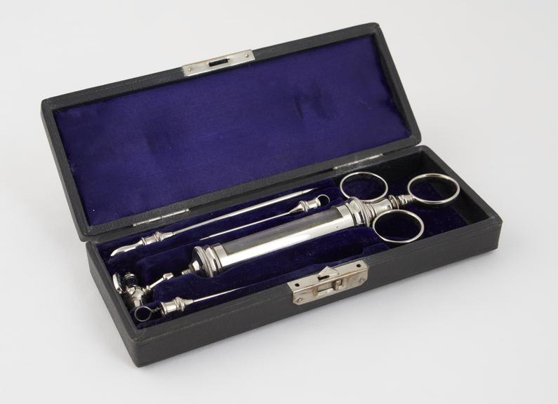 Aspirating syringe, glass and nickel plated brass, cased