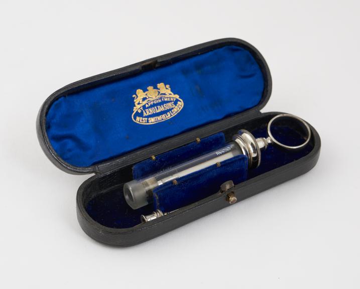 Aspirating syringe, glass and nickel plated brass, cased