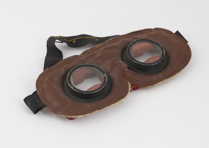 Face mask, leather, rubber, elastic and metal, European, 1916