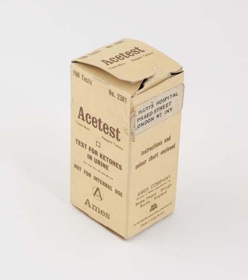 Bottle of Acetest tablets to test for ketones in urine, boxed