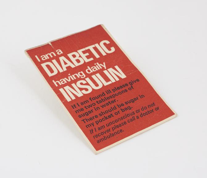 Alert card, `I am a diabetic receiving daily insulin'