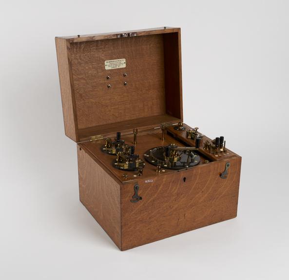 Electromagnetic machine in rectangular wooden case