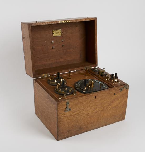 Electromagnetic machine in oak case incorporating induction