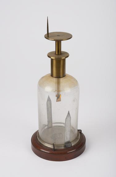 Gold leaf electroscope, in glass bell, perhaps English