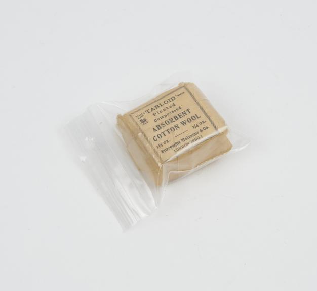 Packet of pleated absorbent cotton wool, by Burroughs Wellcome