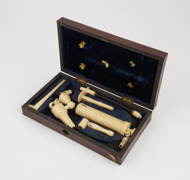 Enema syringe set, in ivory, with syringe, tube