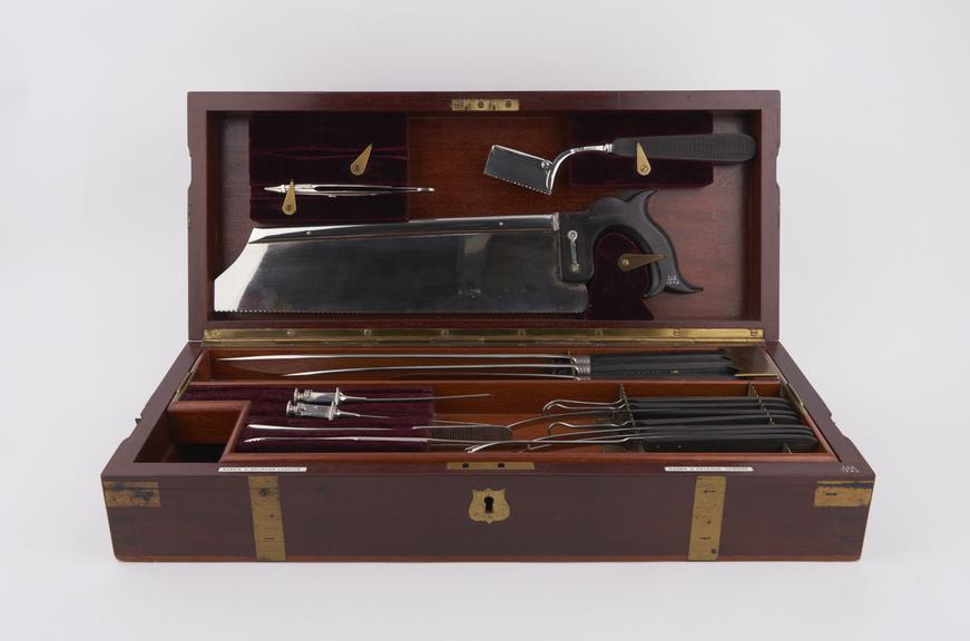 Amputation set, almost complete, in mahogany case, brass bound