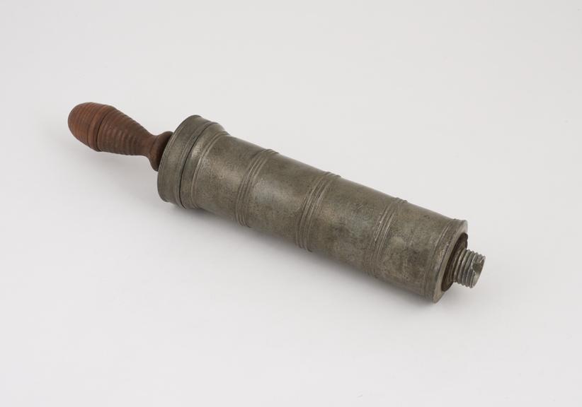 Pewter enema syringe, piston-action, European, 1701-1900