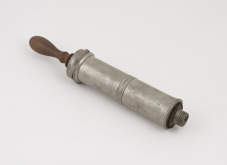 Pewter enema syringe, piston-action, Swiss, 18th or 19th century