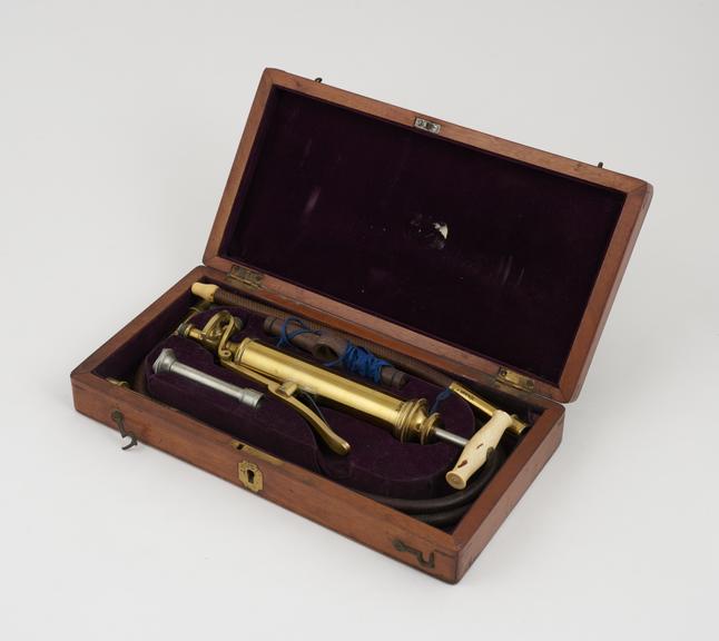 Set of stomach pumping instruments in wooden case