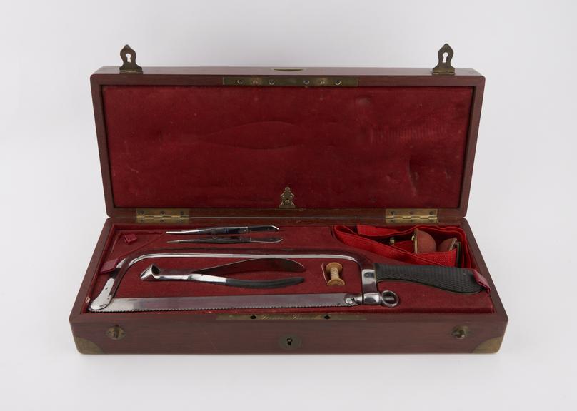 Amputation set in brass-bound mahogany case inscribed Dr. A