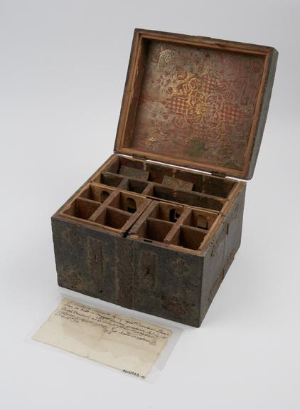 Italian triptych medicine chest, stained wood, iron fittings