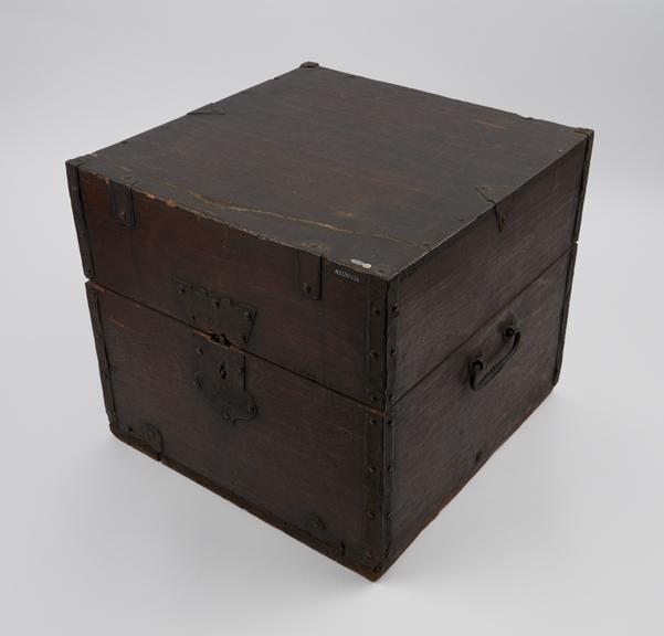 Oak medicine chest with hinged lid, iron fitments