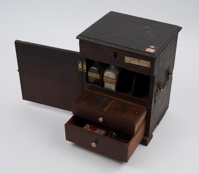 Medicine chest, wood, with hinged lid and front