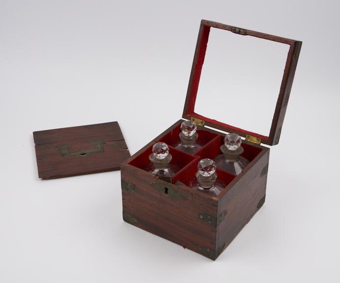 Brass bound mahogany medicine chest with sunk brass handle in