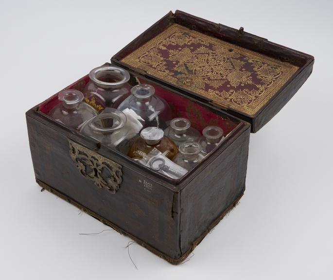 Medicine chest, with ten painted bottles