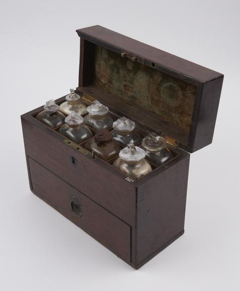 Tall rectangular mahogany medicine chest with 14 glass bottles