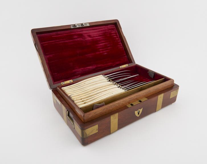 Set of surgical instruments, cased, by Savigny and Co