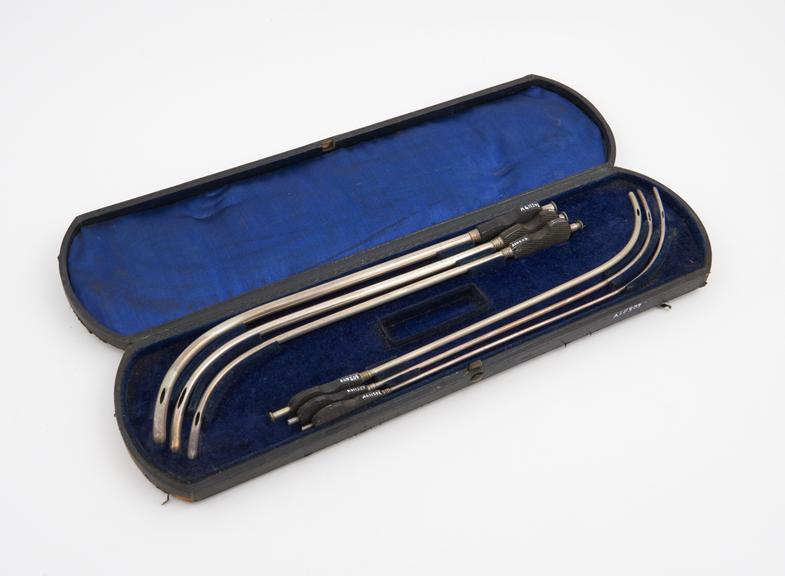 Set of 6 catheters, in case, likely to be English, 1830-1900