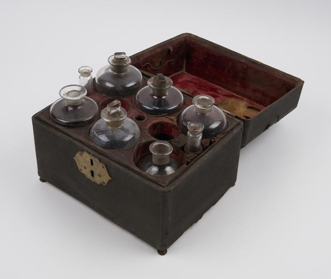 Wooden medicine chest covered with black shagreen