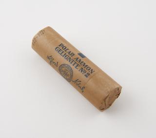 Cylindrical stick of explosive substitute, printed: ‘POLAR AMMON’; ‘GELIGNITE No.2’