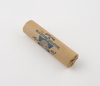 Cylindrical stick of explosive substitute in cream paper, printed: ‘POLAR’; ‘BLASTING GELATINE’