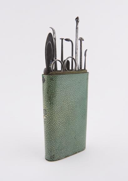 Pocket surgical instrument set in incomplete shagreen case