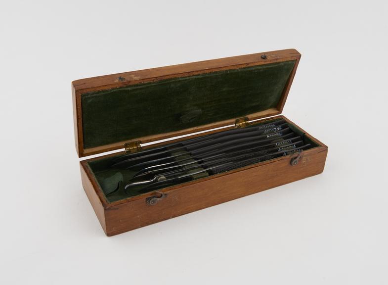 Set of surgical instruments, cased, by Wood, English