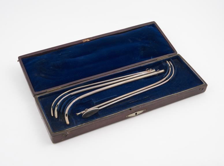 Case set of four catheters and one probe, silver, owned by J.S