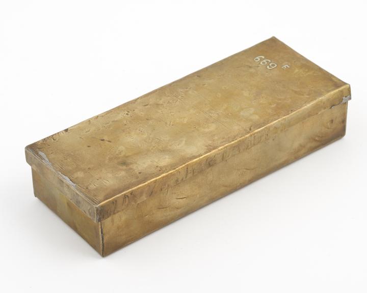 Tinder Box of Brass, 6 x 2 1/4 x 1 1/4 inches with 2