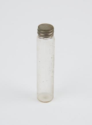 Cylindrical clear glass bottle with pewter screw-on top