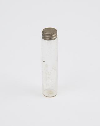 Cylindrical clear glass bottle with pewter screw-on top
