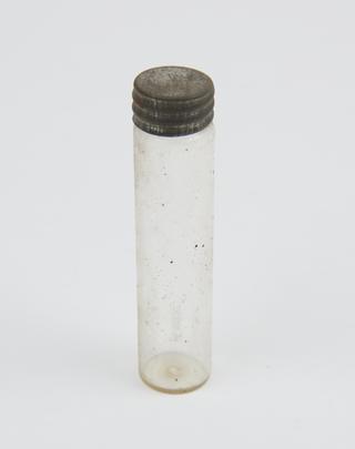Cylindrical clear glass bottle with pewter screw-on top
