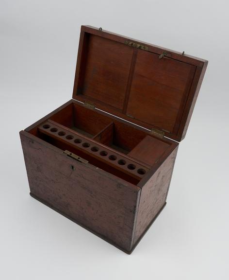 Mahogany medicine chest, rectangular, hinged lid drop front