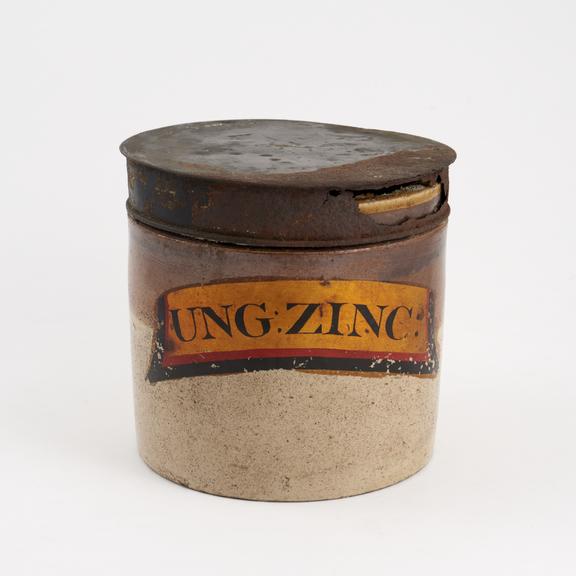 Salt-glazed stoneware storage jar for zinc ointment