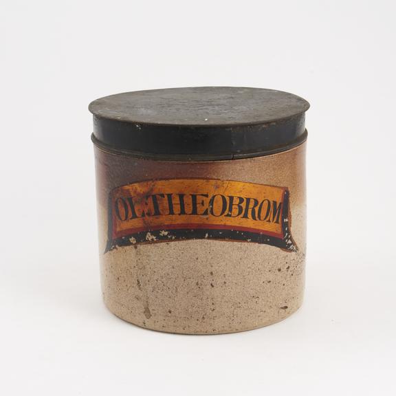 Salt-glazed stoneware storage jar for theobromine oil