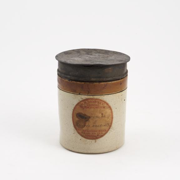Salt-glazed stoneware storage jar for compound mercury ointment