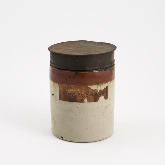 Salt-glazed stoneware storage jar, for sulphur electuary