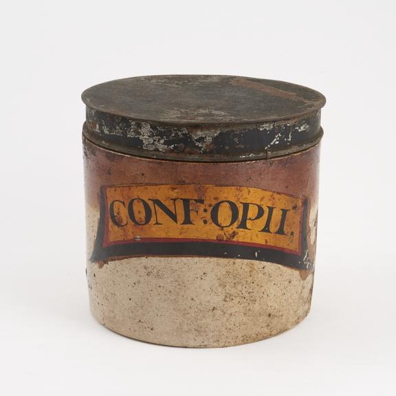 Salt-glazed stoneware storage jar for opium electuary, unsigned