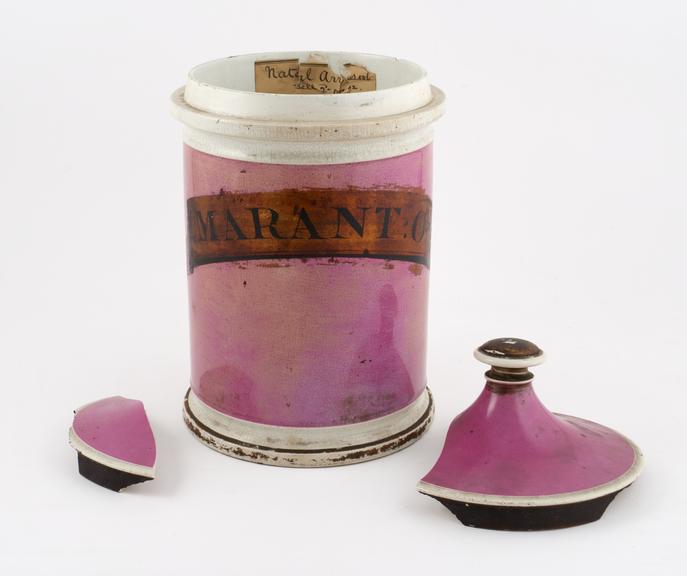 Pharmacy storage jar, English, late 19th century pink porcelain