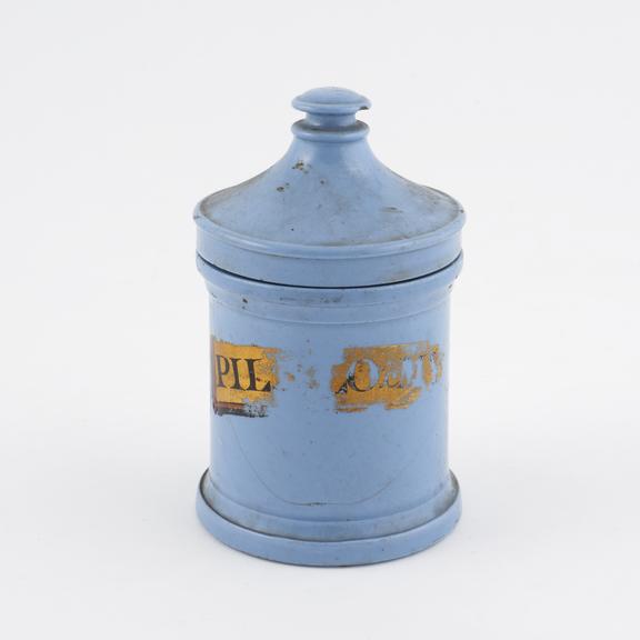 Pharmacy jar, blue porcelain, used for aloes and myrrh pills