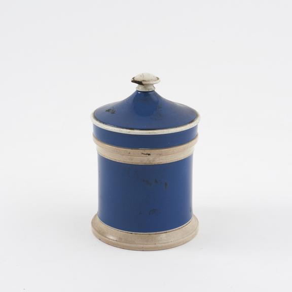 Blue and white drug jar with lid, by C