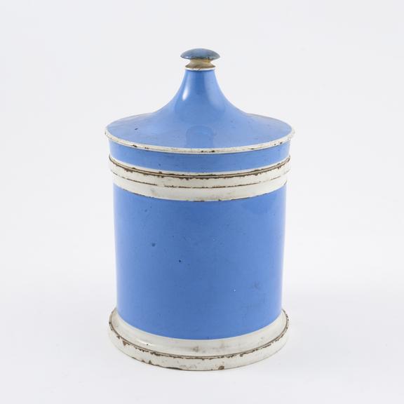 Pale blue and white drug jar with lid, 19th century